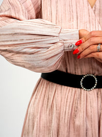 Elegant Pleated Midi Wrap Pink Dress with Statement Belt