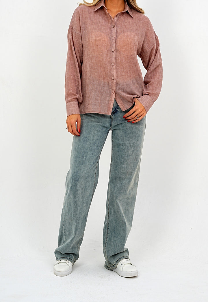 Relaxed Fit Long Sleeve Shirt - Crinkled & Lightweight dark pink