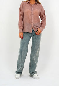 Relaxed Fit Long Sleeve Shirt - Crinkled & Lightweight dark pink