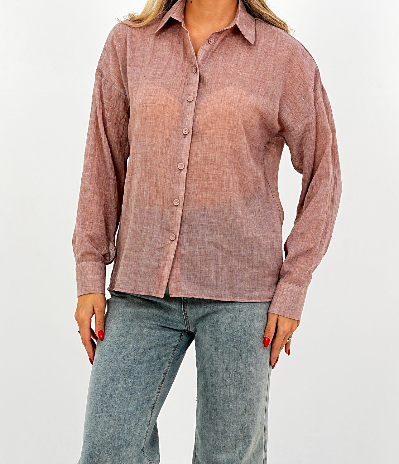 Relaxed Fit Long Sleeve Shirt - Crinkled & Lightweight dark pink