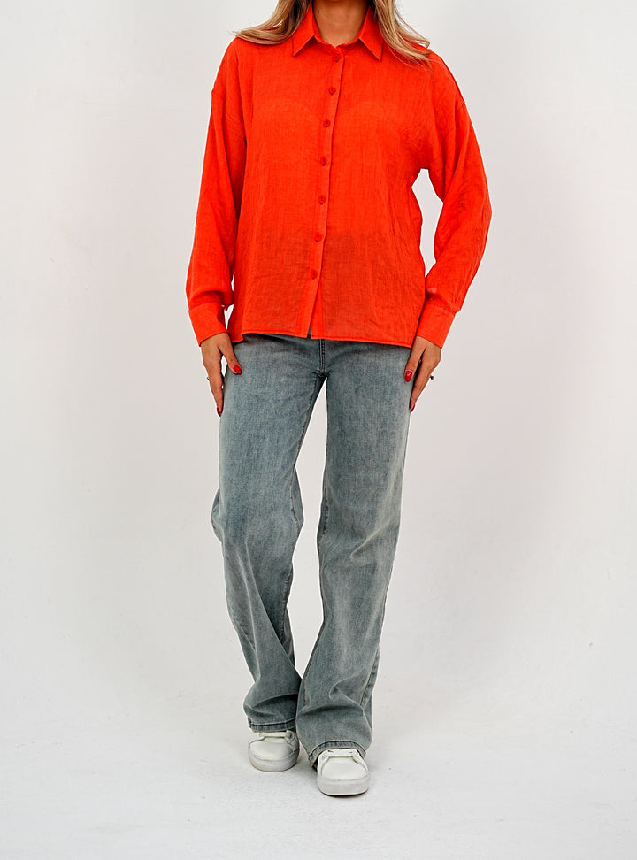 Relaxed Fit Long Sleeve Shirt - Crinkled & Lightweight Orange