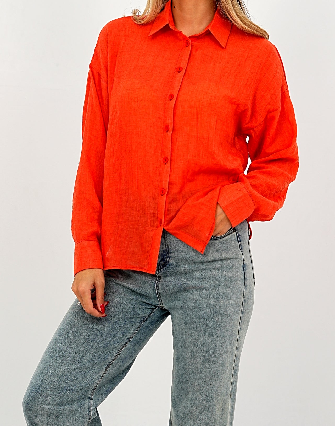 Relaxed Fit Long Sleeve Shirt - Crinkled & Lightweight Orange