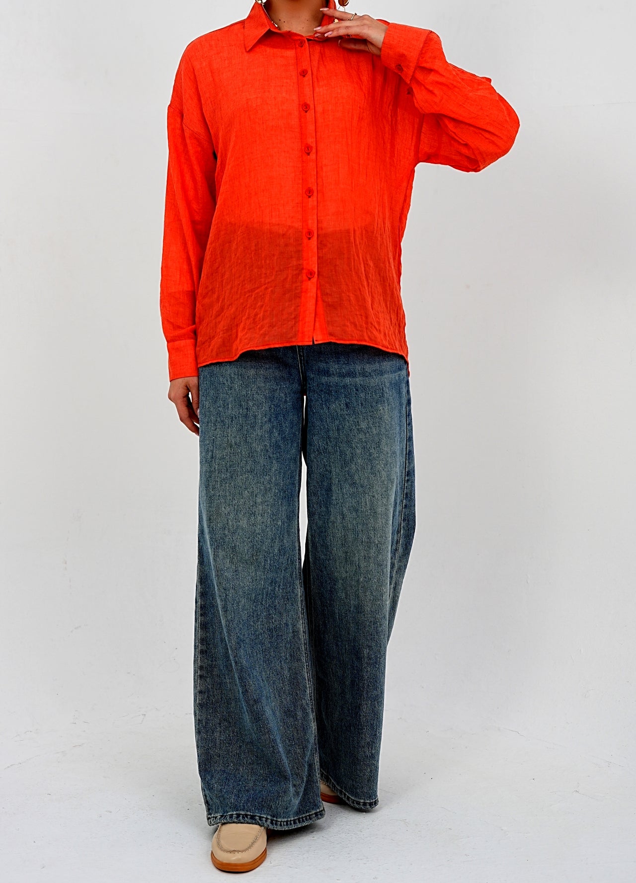 Airy Gauze Orange Relaxed Fit Long Sleeve Shirt