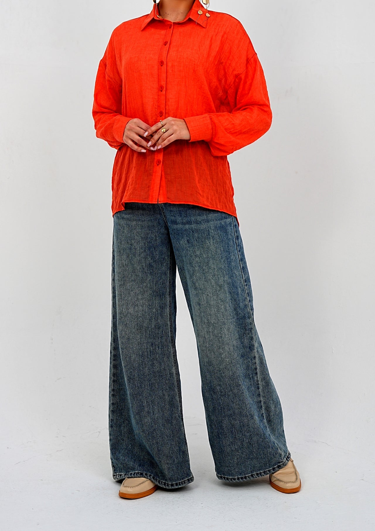 Airy Gauze Orange Relaxed Fit Long Sleeve Shirt