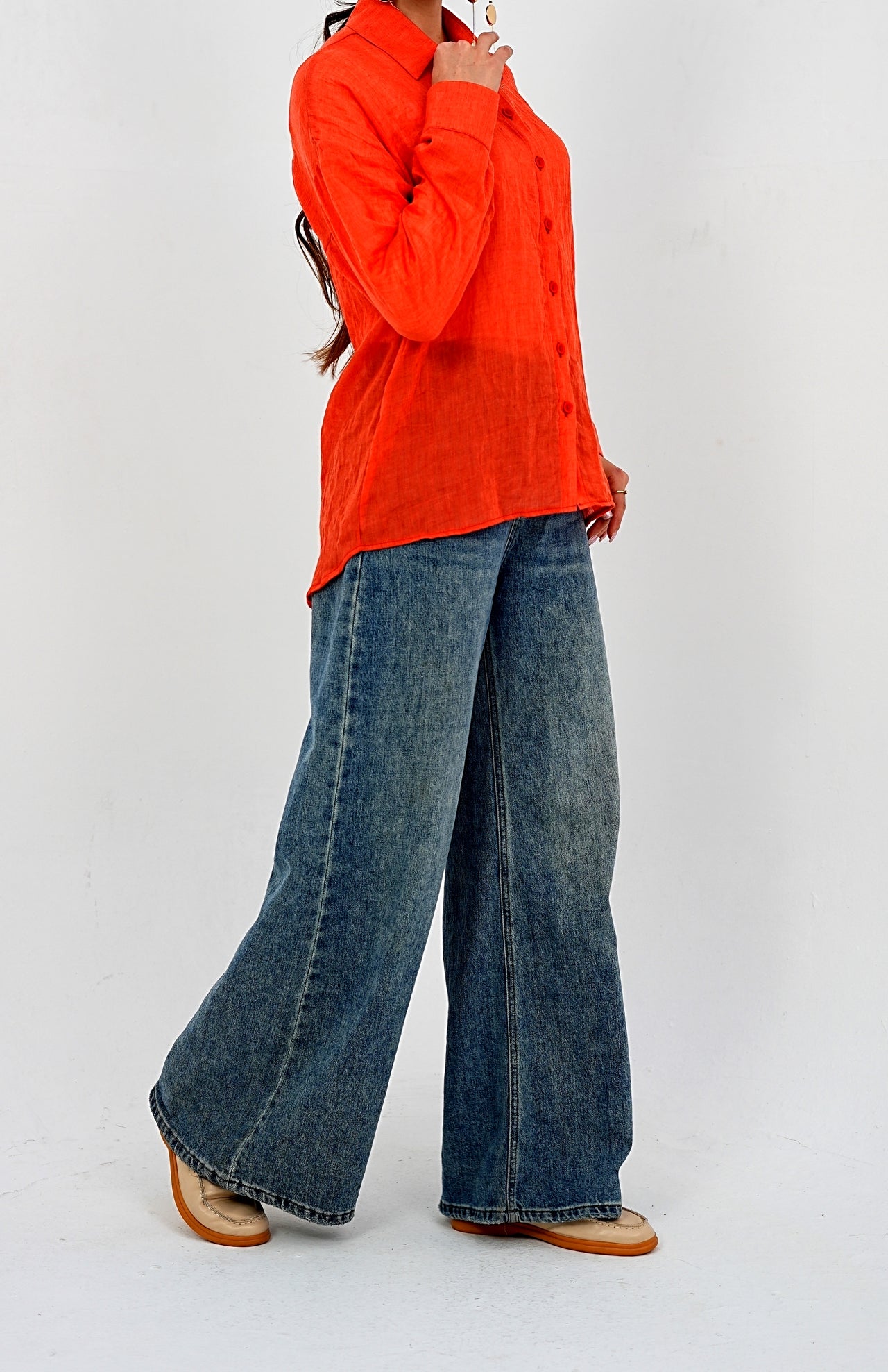 Airy Gauze Orange Relaxed Fit Long Sleeve Shirt
