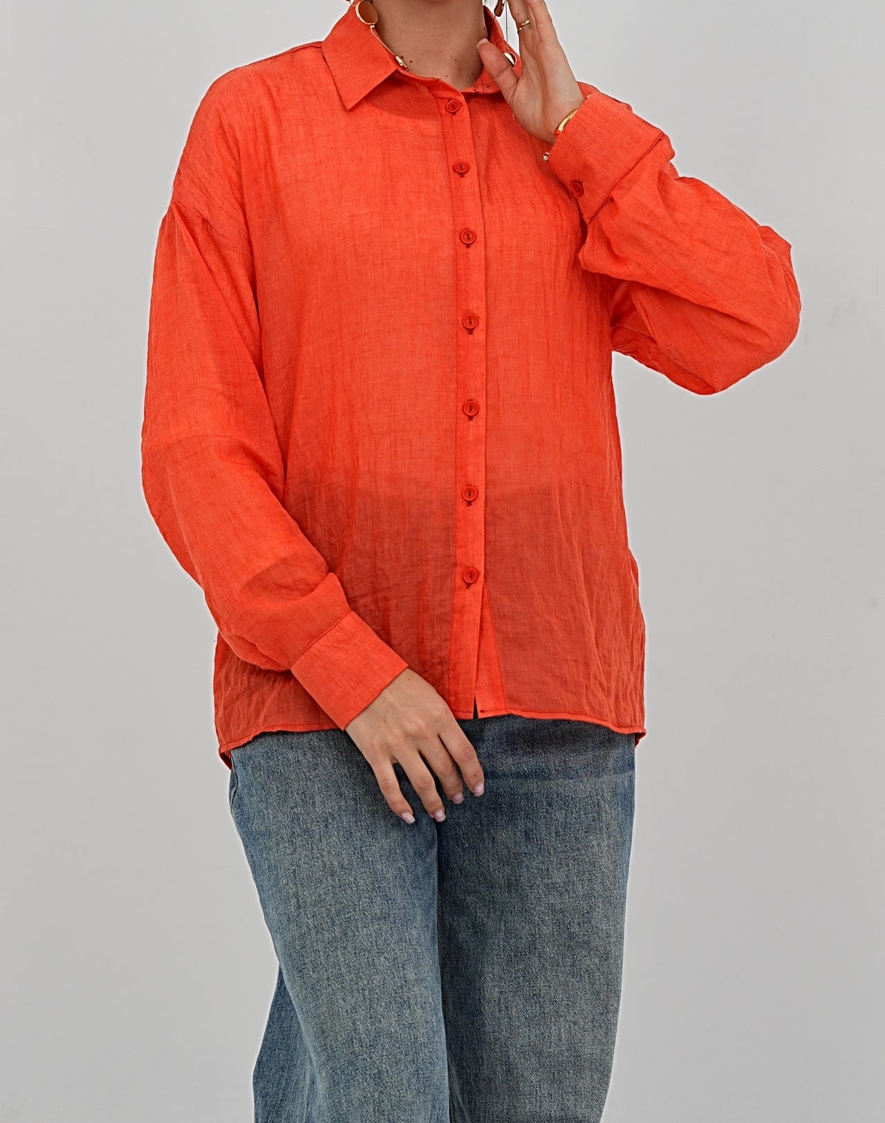 Airy Gauze Orange Relaxed Fit Long Sleeve Shirt