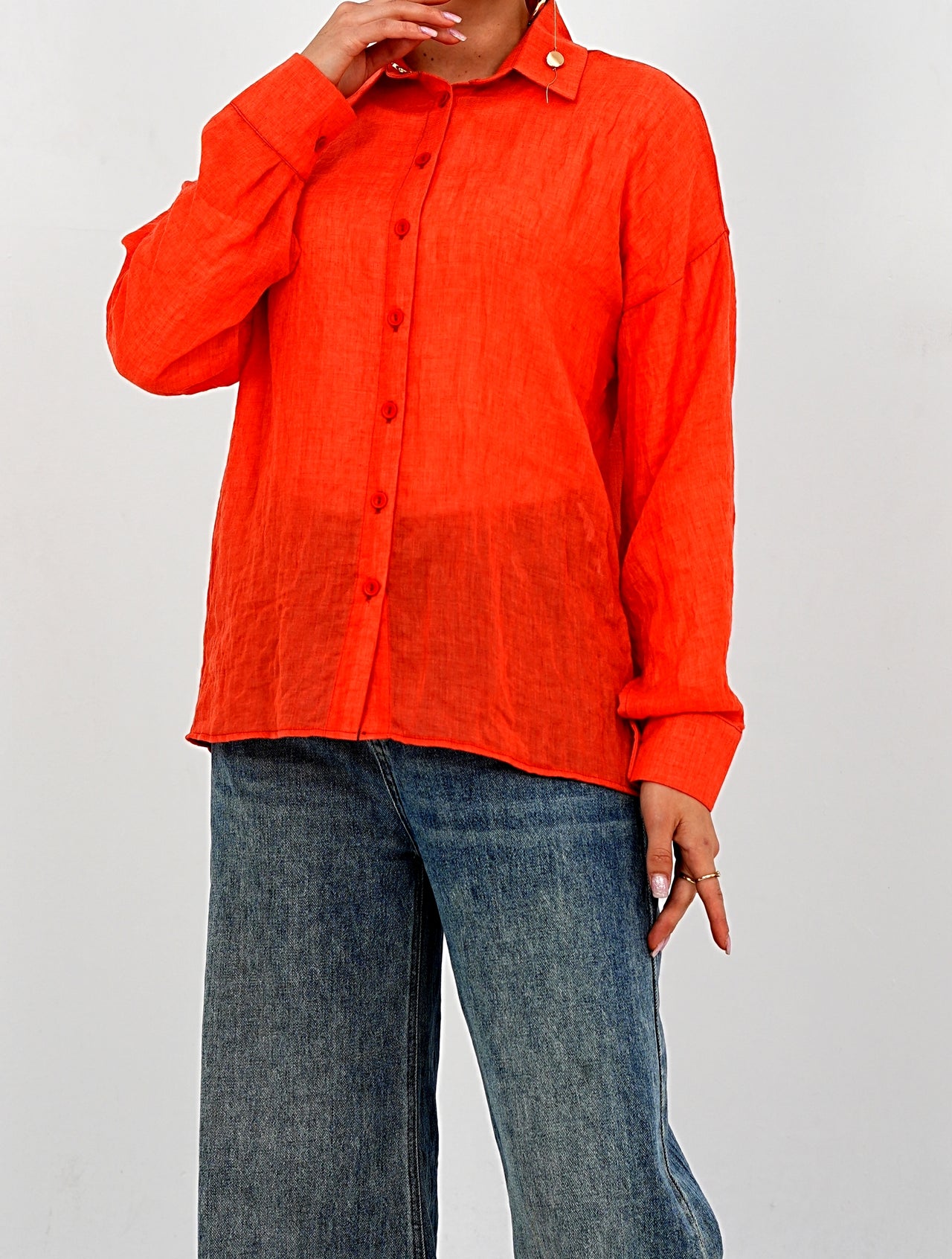 Airy Gauze Orange Relaxed Fit Long Sleeve Shirt