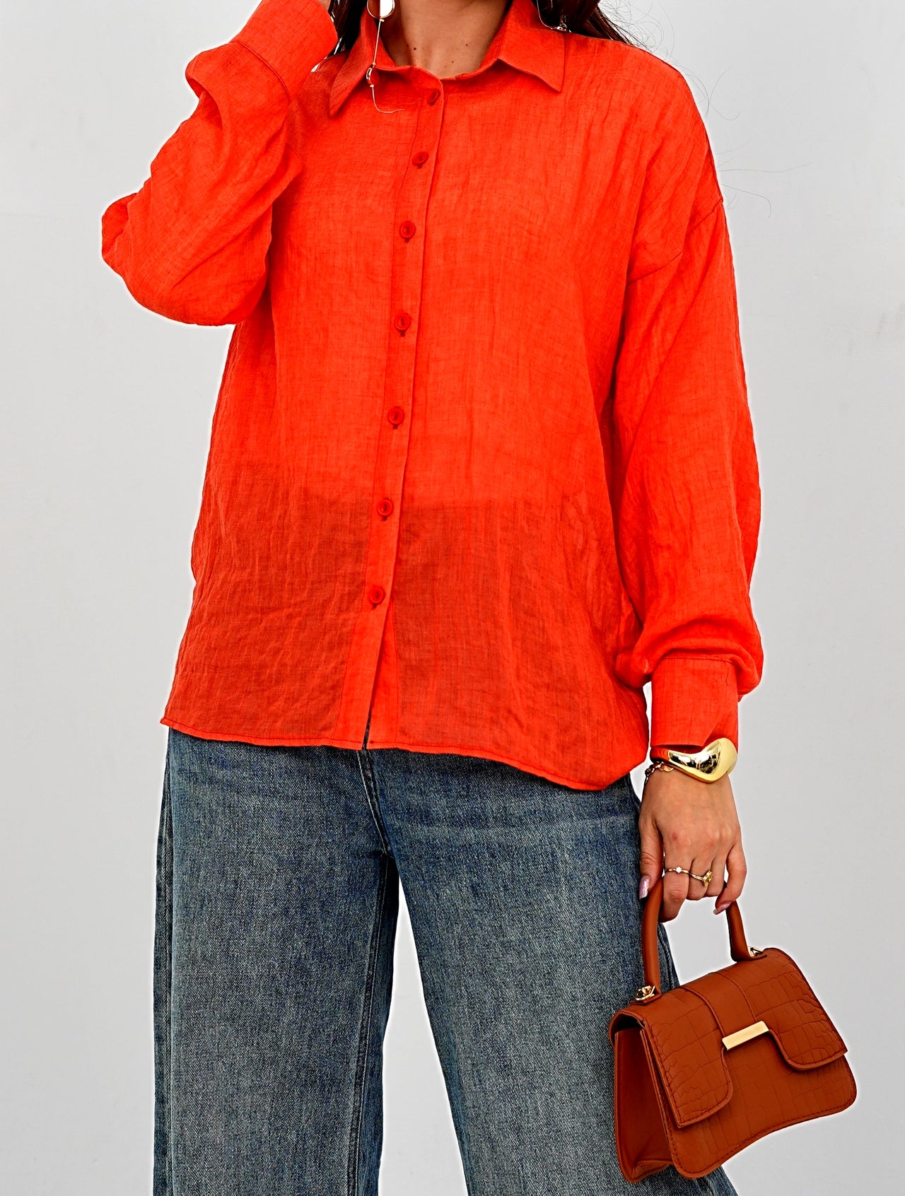Airy Gauze Orange Relaxed Fit Long Sleeve Shirt