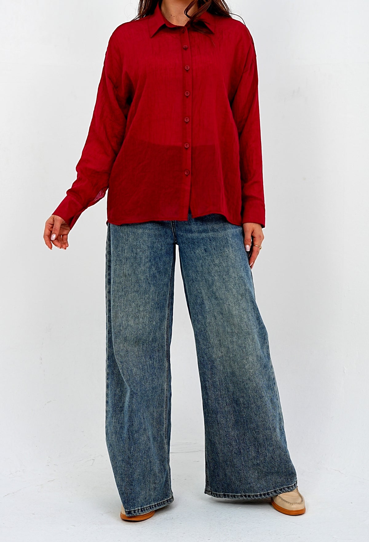 Airy Gauze Burgundy Relaxed Fit Long Sleeve Shirt