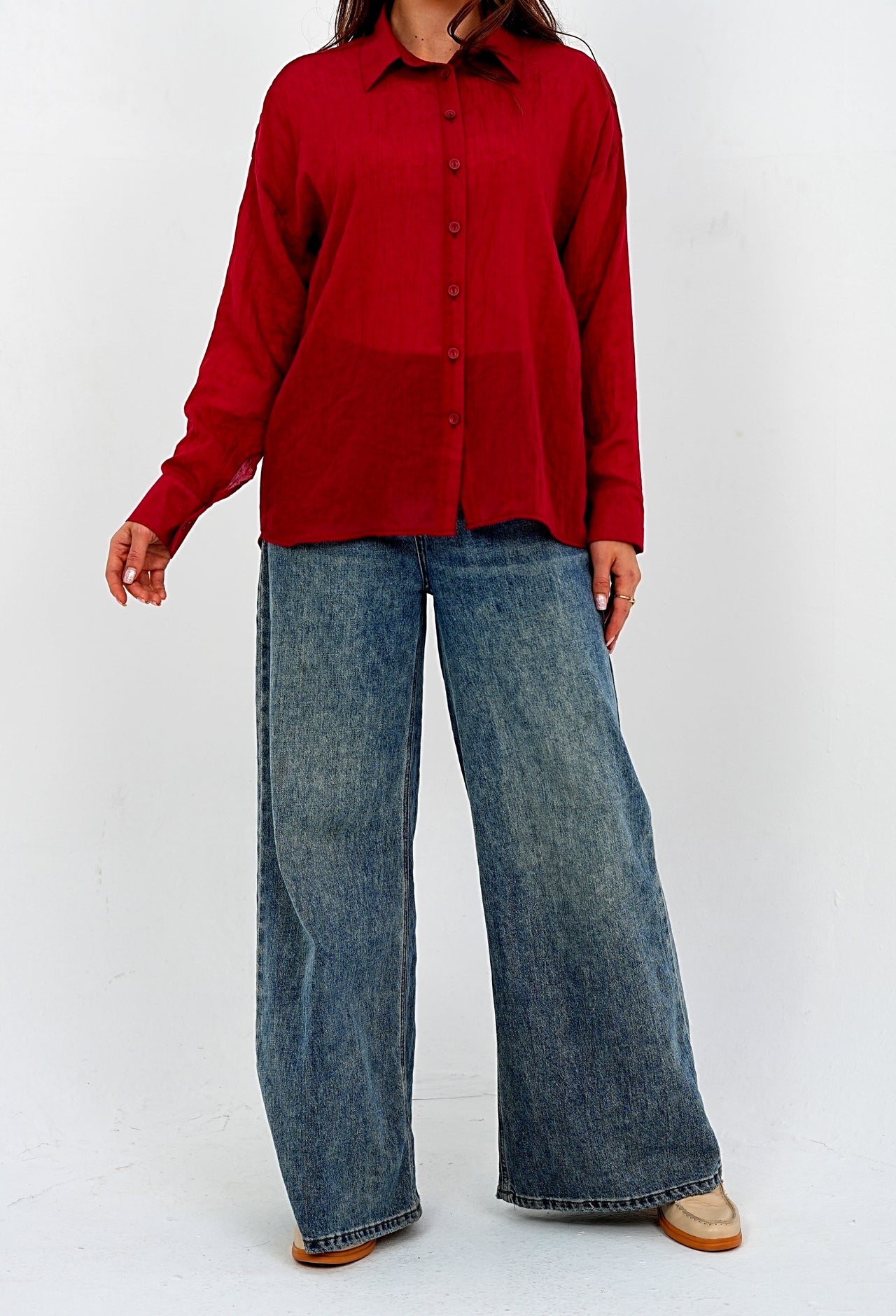 Airy Gauze Burgundy Relaxed Fit Long Sleeve Shirt