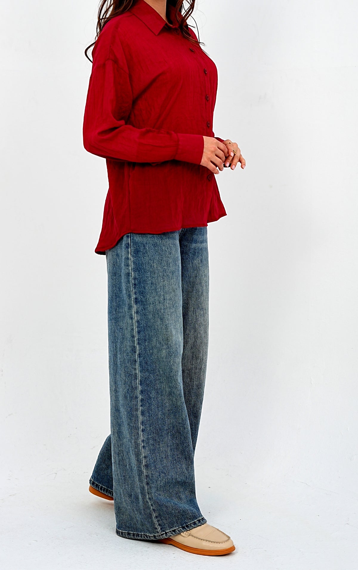 Airy Gauze Burgundy Relaxed Fit Long Sleeve Shirt
