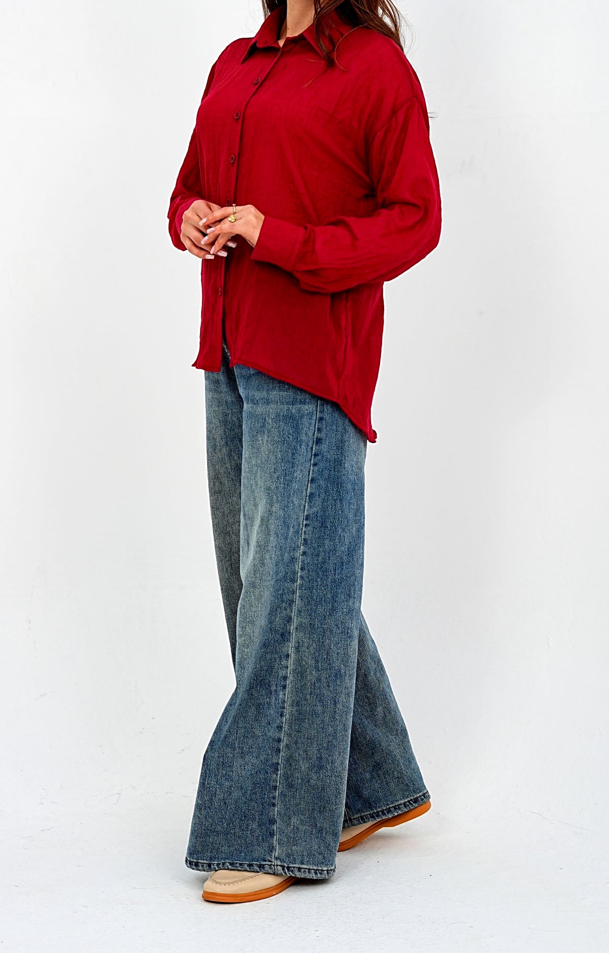 Airy Gauze Burgundy Relaxed Fit Long Sleeve Shirt