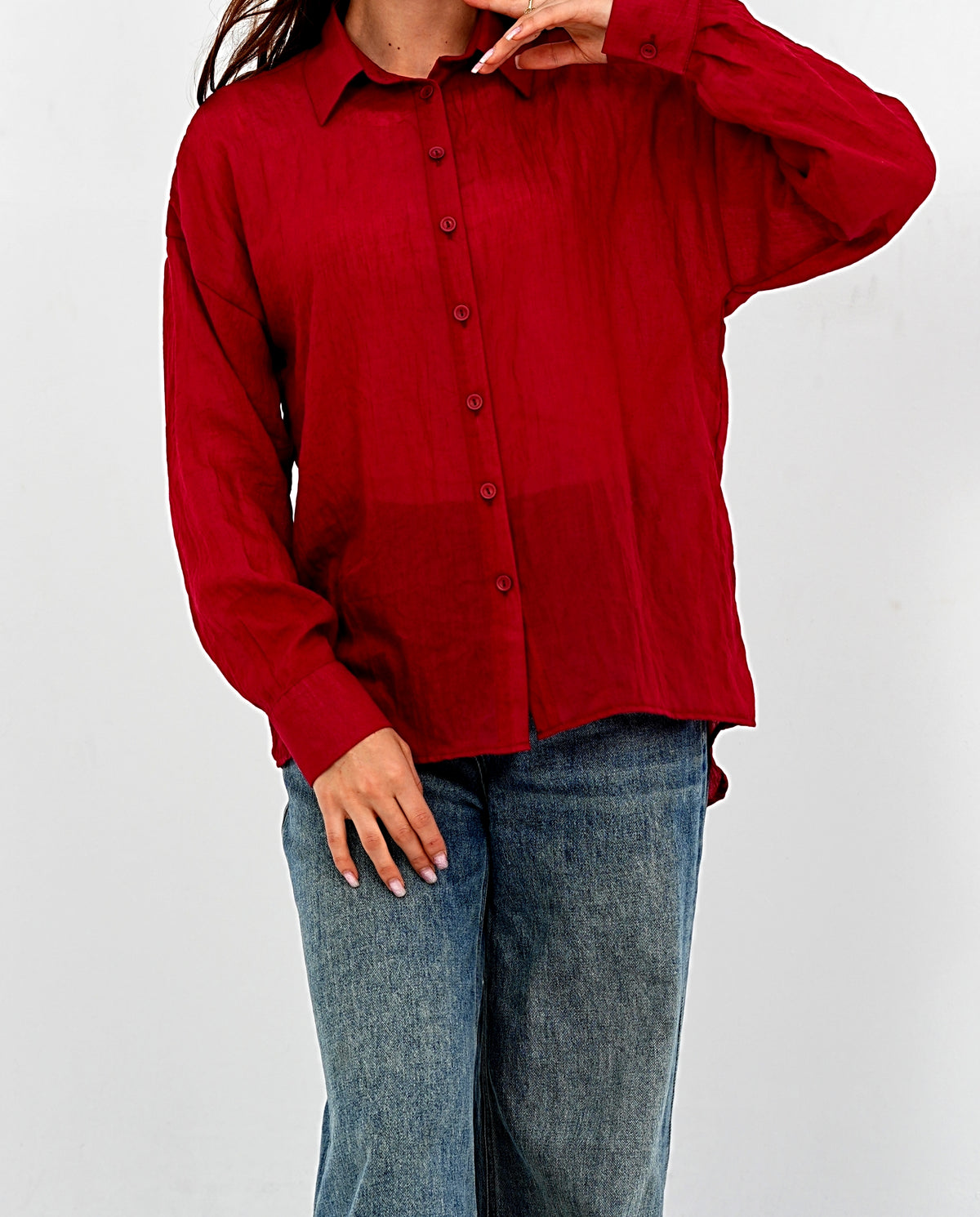 Airy Gauze Burgundy Relaxed Fit Long Sleeve Shirt