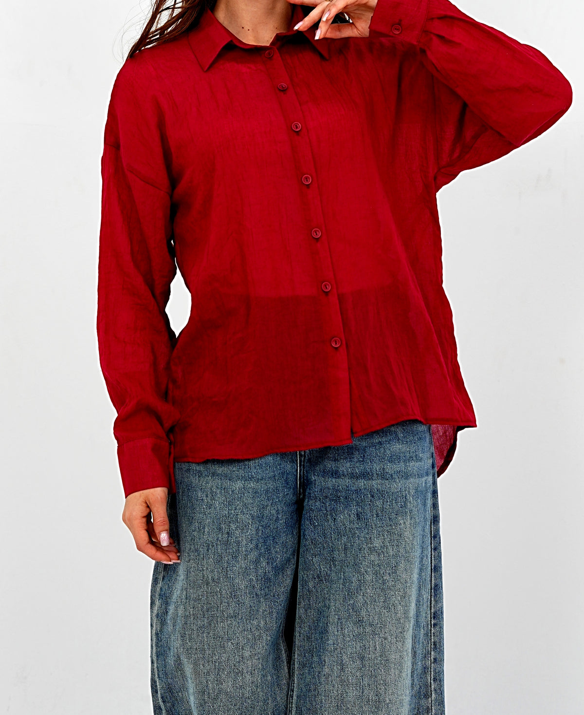 Airy Gauze Burgundy Relaxed Fit Long Sleeve Shirt