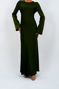 The 'Emerald Muse' Flared Sleeve Long Dress  Olive Green