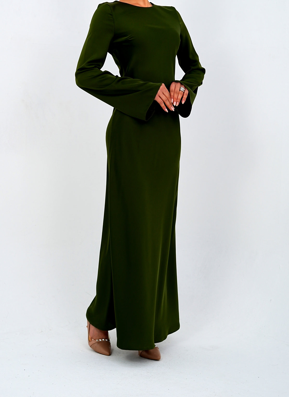 The 'Emerald Muse' Flared Sleeve Long Dress  Olive Green