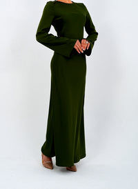 The 'Emerald Muse' Flared Sleeve Long Dress  Olive Green