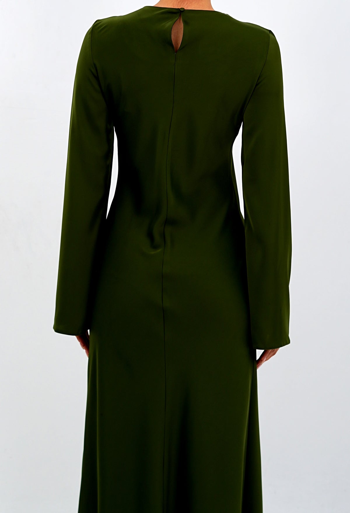The 'Emerald Muse' Flared Sleeve Long Dress  Olive Green