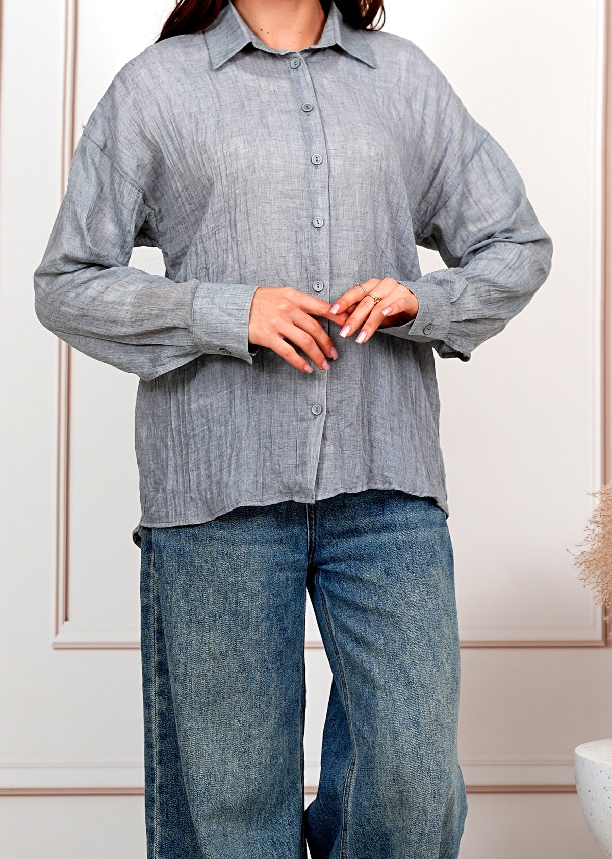 Airy Gauze Gray Relaxed Fit Long Sleeve Shirt
