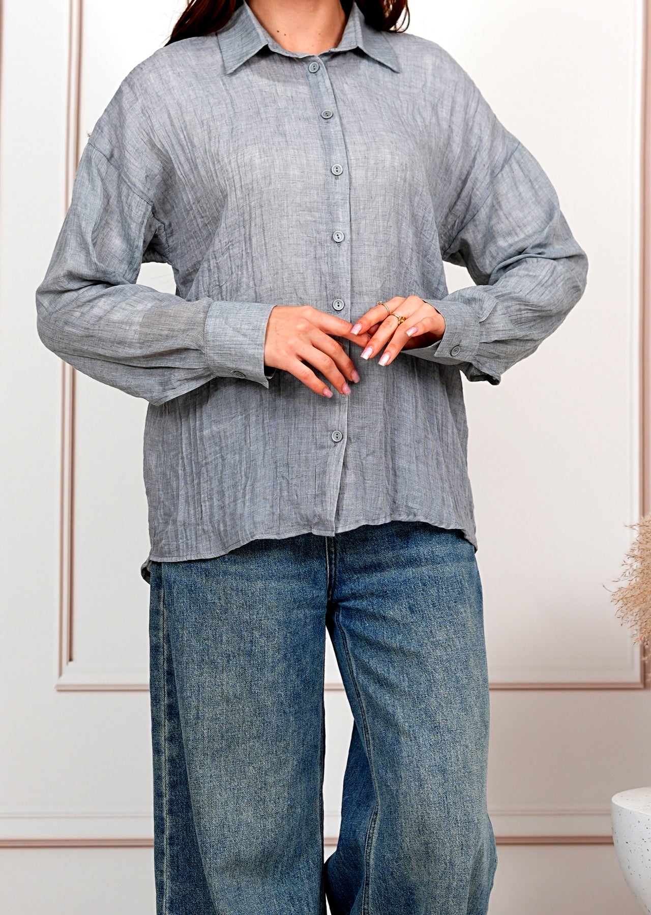 Airy Gauze Gray Relaxed Fit Long Sleeve Shirt