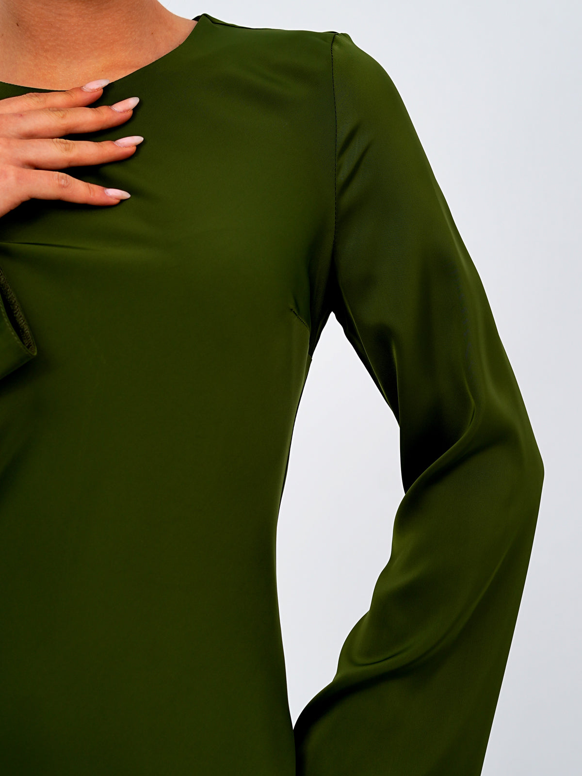 The 'Emerald Muse' Flared Sleeve Long Dress  Olive Green