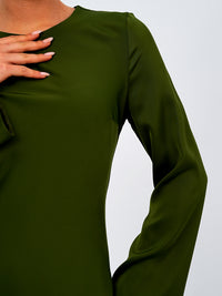 The 'Emerald Muse' Flared Sleeve Long Dress  Olive Green