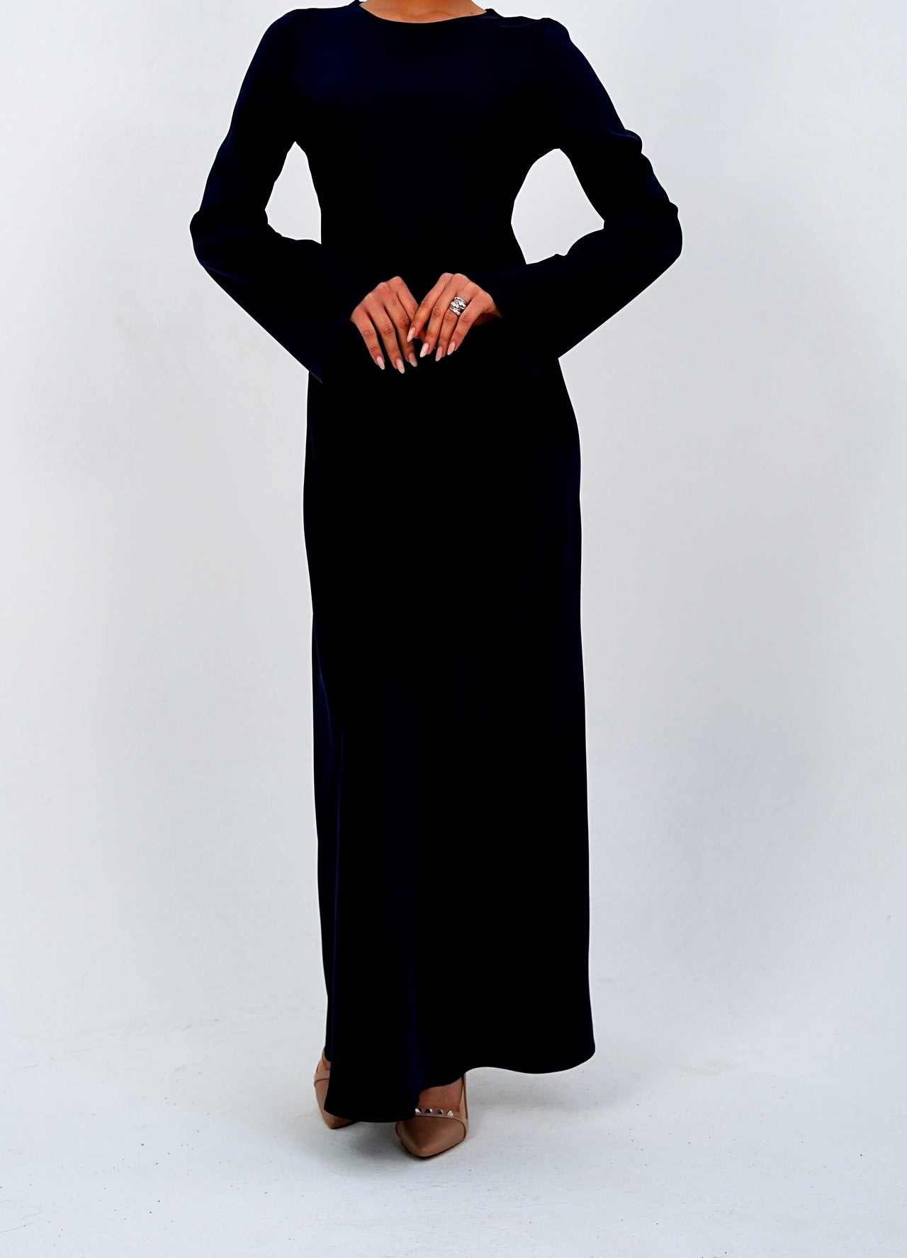 The 'Emerald Muse' Flared Sleeve Long Dress Navy Blue