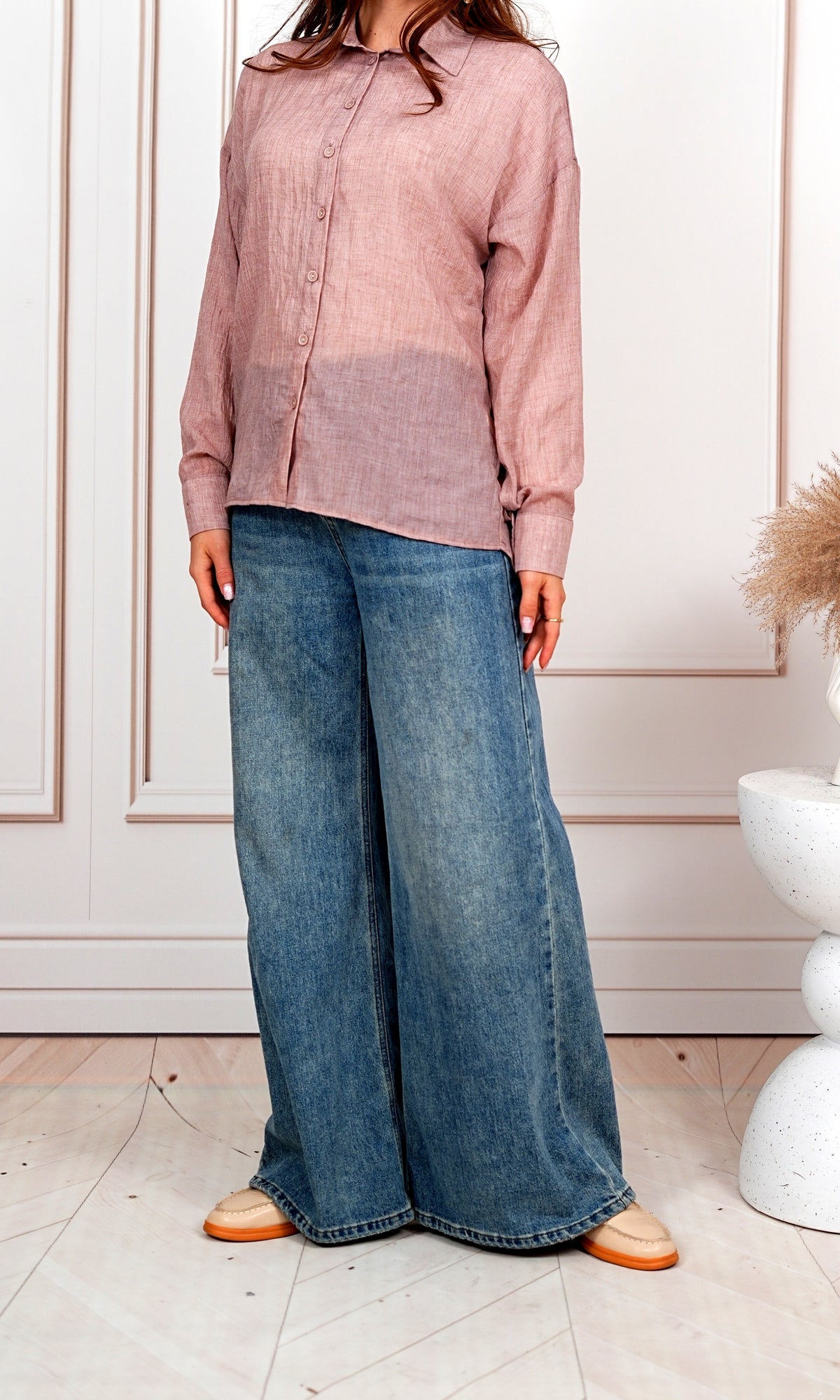 Airy Gauze Dark Pink Relaxed Fit Long Sleeve Shirt
