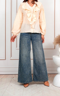 Romantic Ruffle Collar V-Neck Blouse with Balloon Sleeves