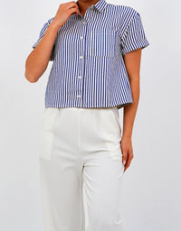 Classic Striped Blue Short Sleeve Button-Down Shirt