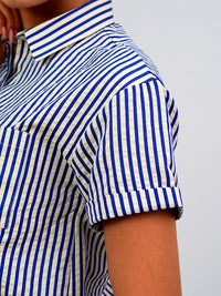 Classic Striped Blue Short Sleeve Button-Down Shirt