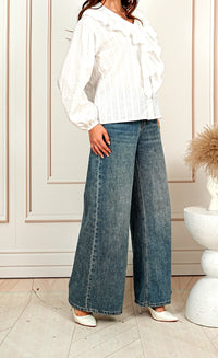 Romantic Ruffle Collar White  V-Neck Blouse with Balloon Sleeves