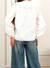 Romantic Ruffle Collar White  V-Neck Blouse with Balloon Sleeves