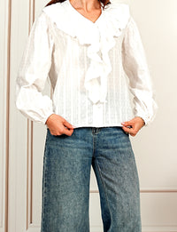 Romantic Ruffle Collar White  V-Neck Blouse with Balloon Sleeves