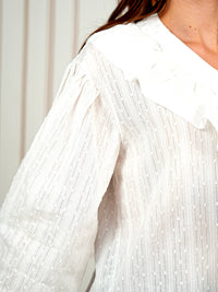 Romantic Ruffle Collar White  V-Neck Blouse with Balloon Sleeves