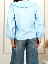 Romantic Ruffle Collar V-Neck Blue Blouse with Balloon Sleeves