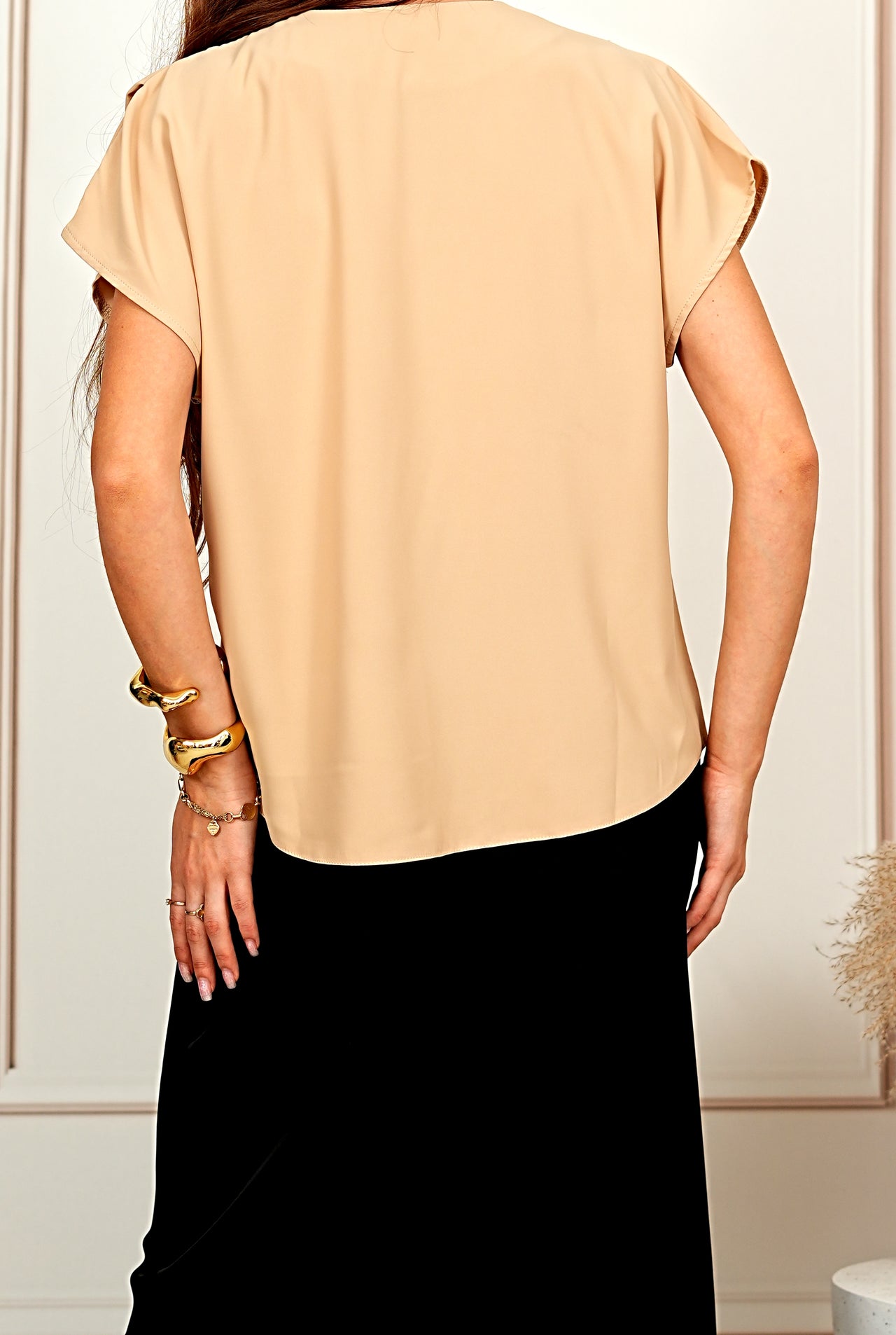 Elegant Drapey Beige V-Neck Cap Sleeve Blouse