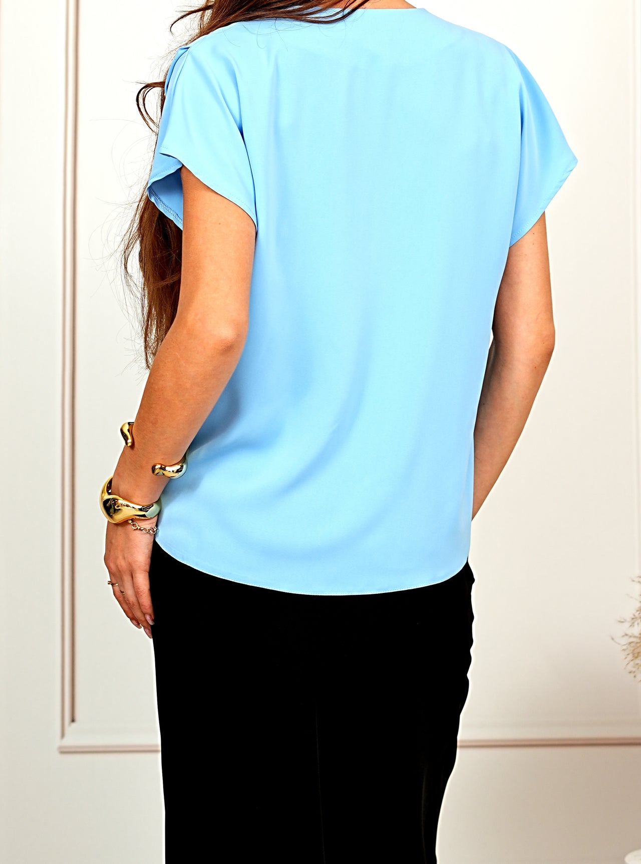 Elegant Drapey Blue V-Neck Cap Sleeve Blouse