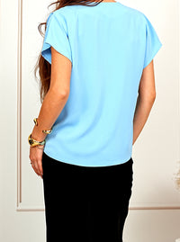 Elegant Drapey Blue V-Neck Cap Sleeve Blouse