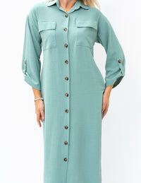 Casual Sophistication Long-Sleeve Utility Teal Blue Shirt Dress