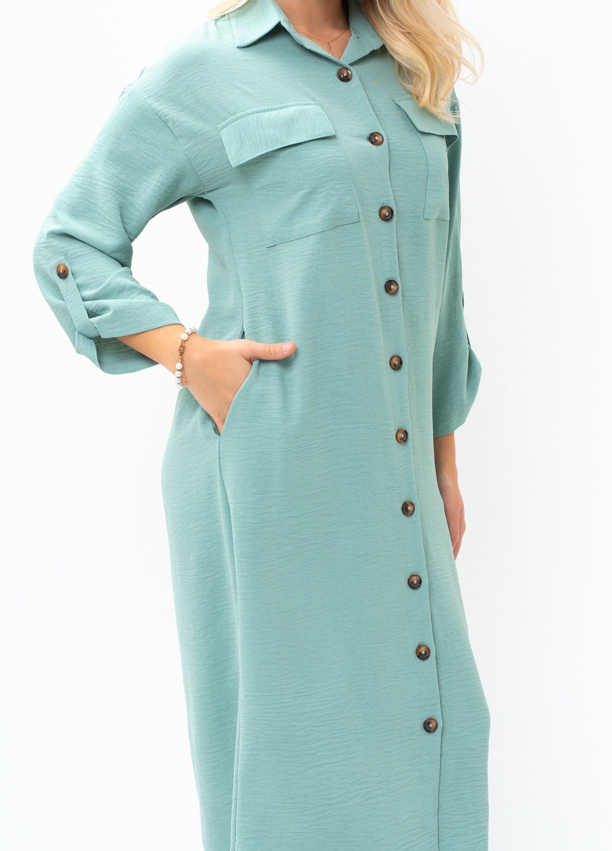 Casual Sophistication Long-Sleeve Utility Teal Blue Shirt Dress — Image 6