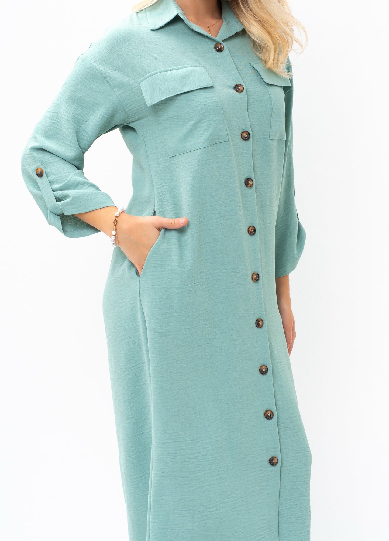 Casual Sophistication Long-Sleeve Utility Teal Blue Shirt Dress