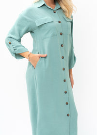 Casual Sophistication Long-Sleeve Utility Teal Blue Shirt Dress