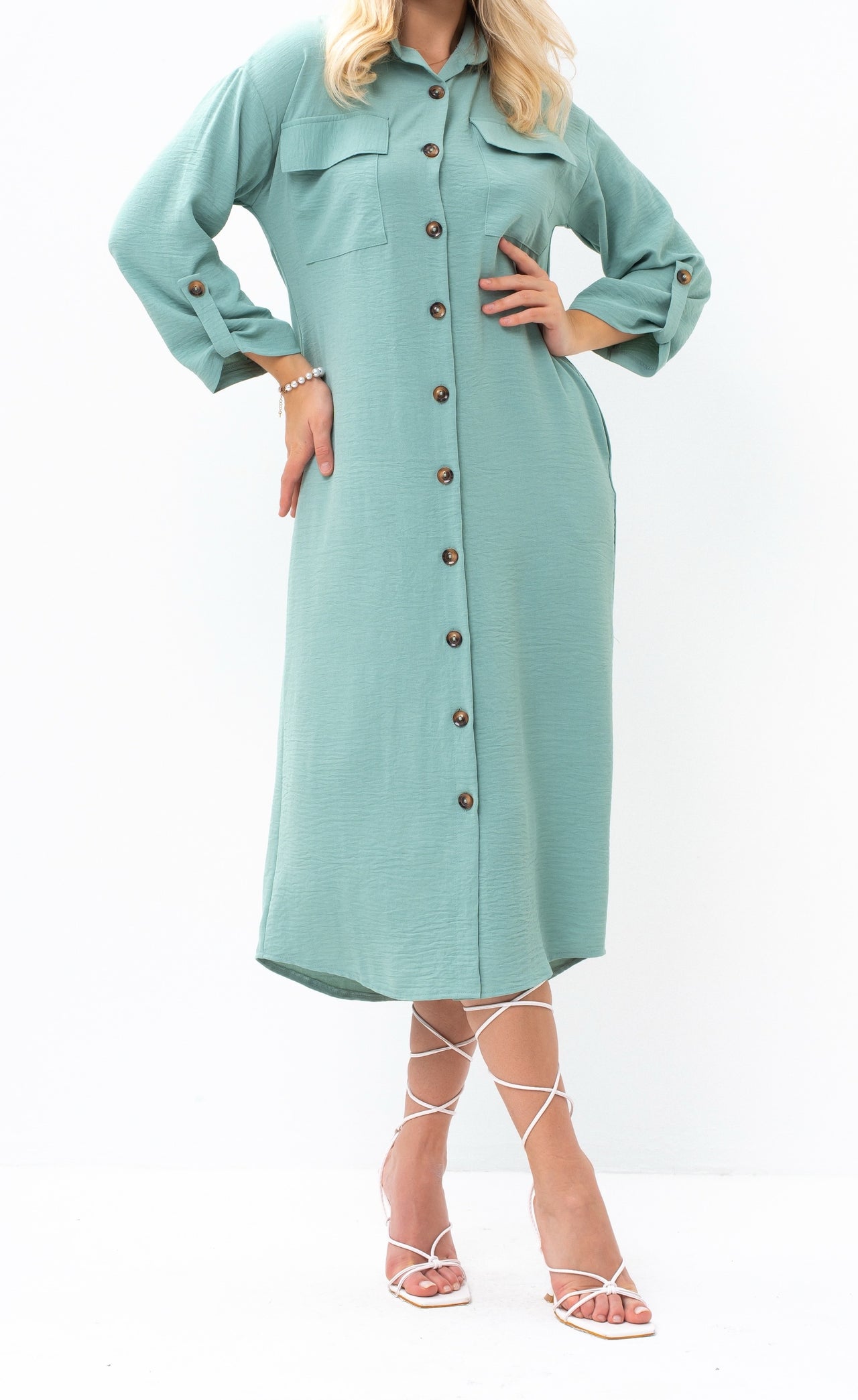 Casual Sophistication Long-Sleeve Utility Teal Blue Shirt Dress
