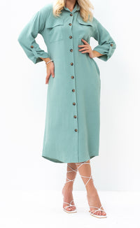 Casual Sophistication Long-Sleeve Utility Teal Blue Shirt Dress