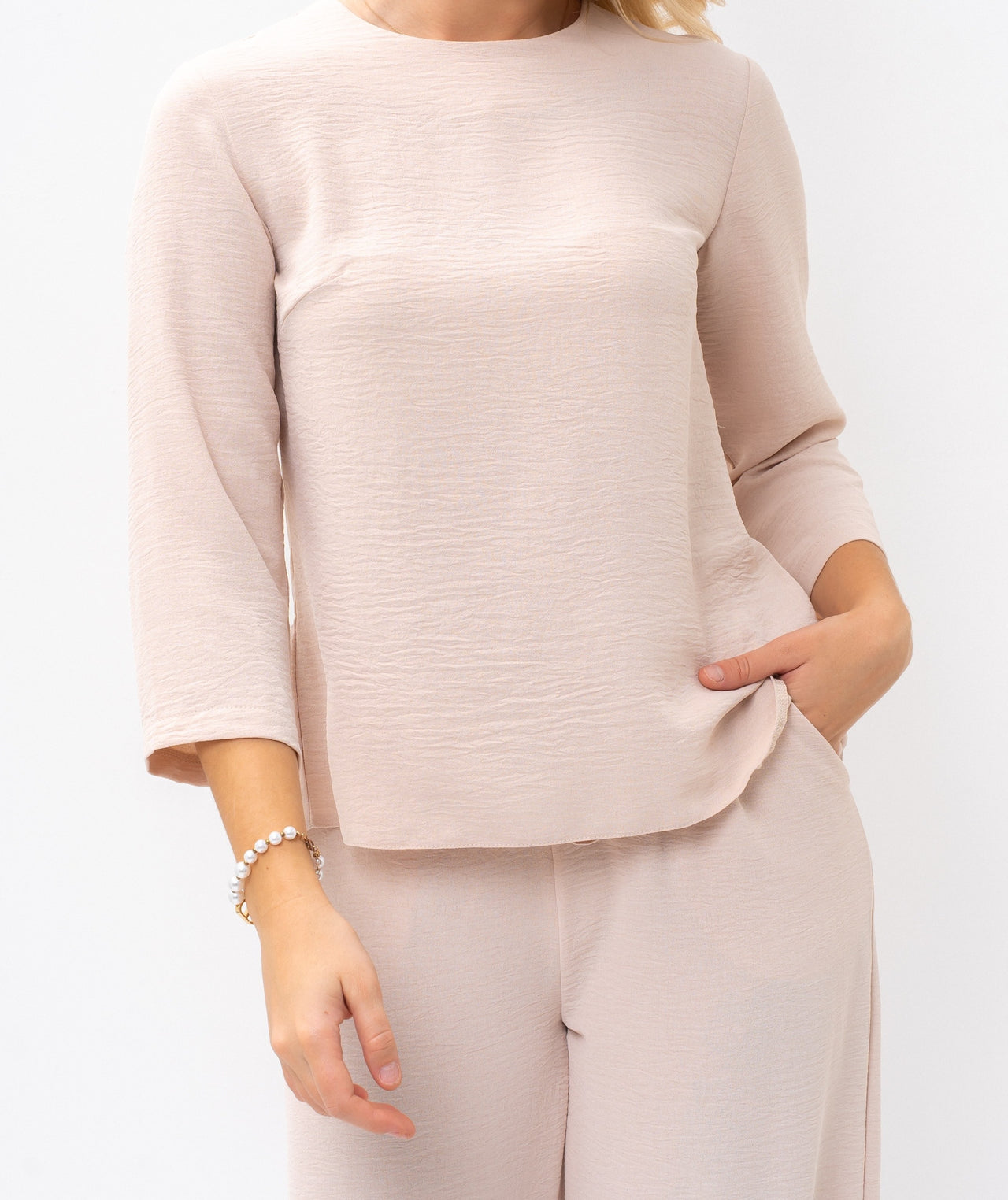 Romantic Back-Tie Peplum Blouse and Matching Pants Beige Outfit