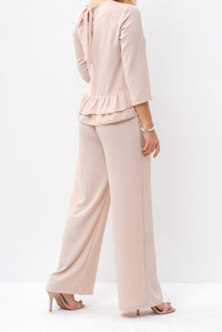 Romantic Back-Tie Peplum Blouse and Matching Pants Beige Outfit