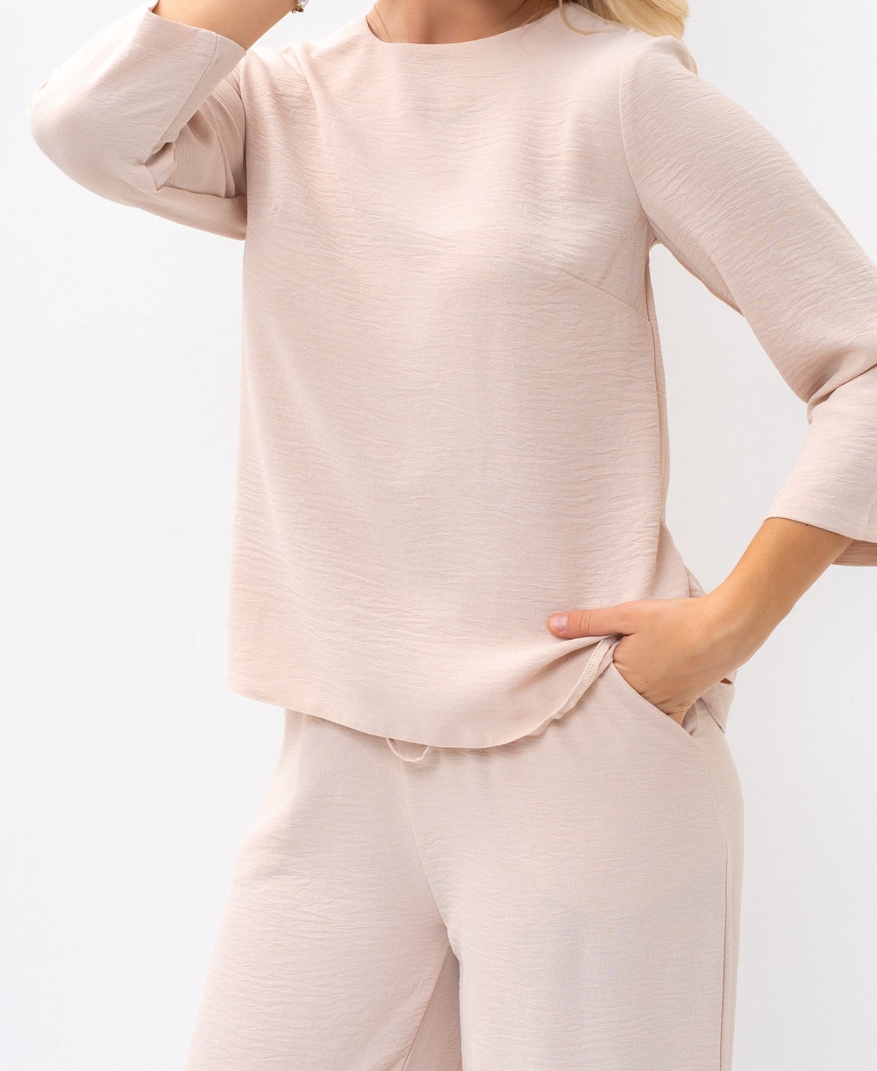 Romantic Back-Tie Peplum Blouse and Matching Pants Beige Outfit