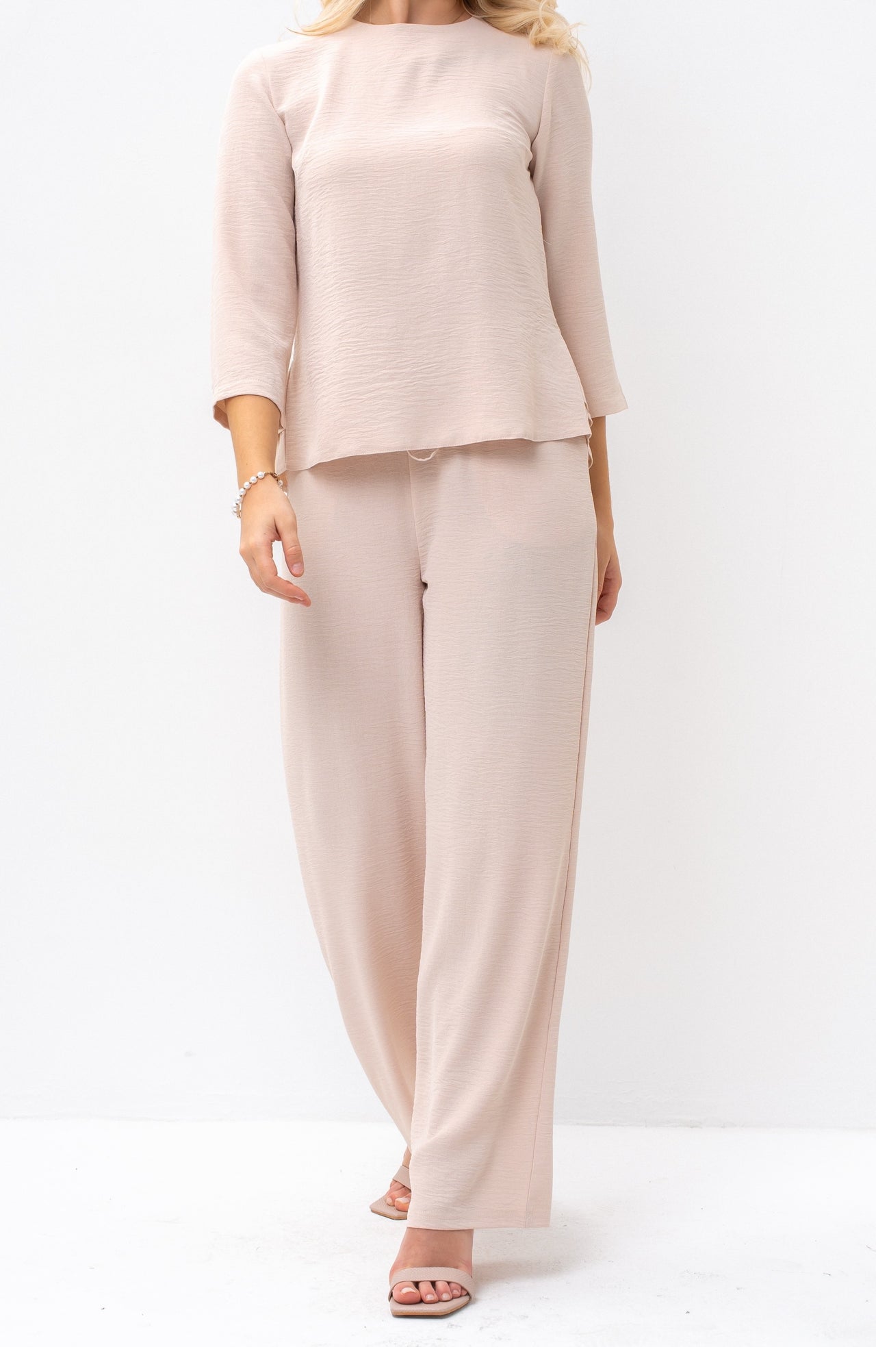 Romantic Back-Tie Peplum Blouse and Matching Pants Beige Outfit