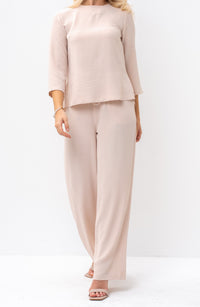 Romantic Back-Tie Peplum Blouse and Matching Pants Beige Outfit